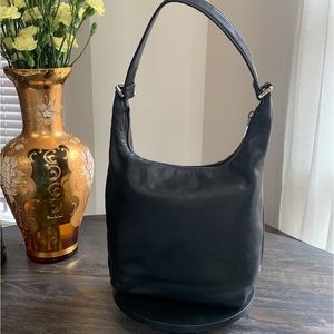 Perlina black smooth leather shoulder bag with silver accents pre loved